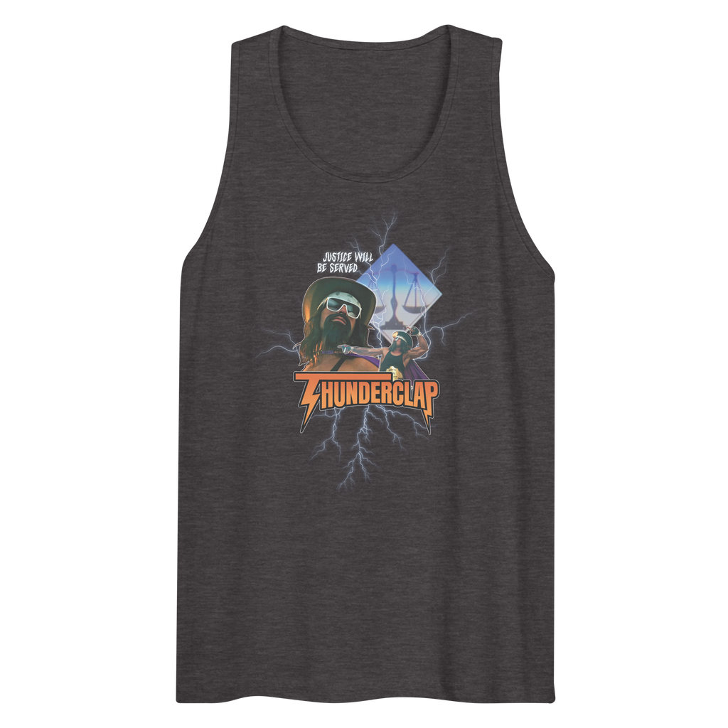 Dark gray tank top with graphic design and text on a white background