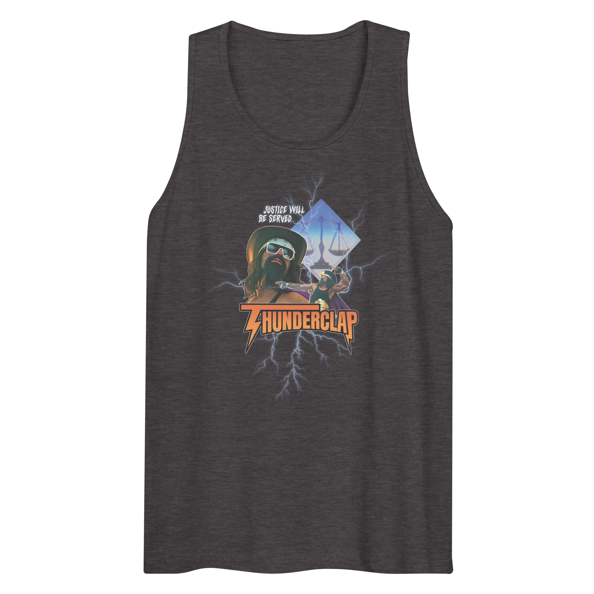 Dark gray tank top with graphic design and text on a white background