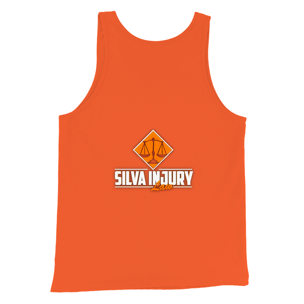 Orange tank top with 'Silva Injury Law' logo on a white background