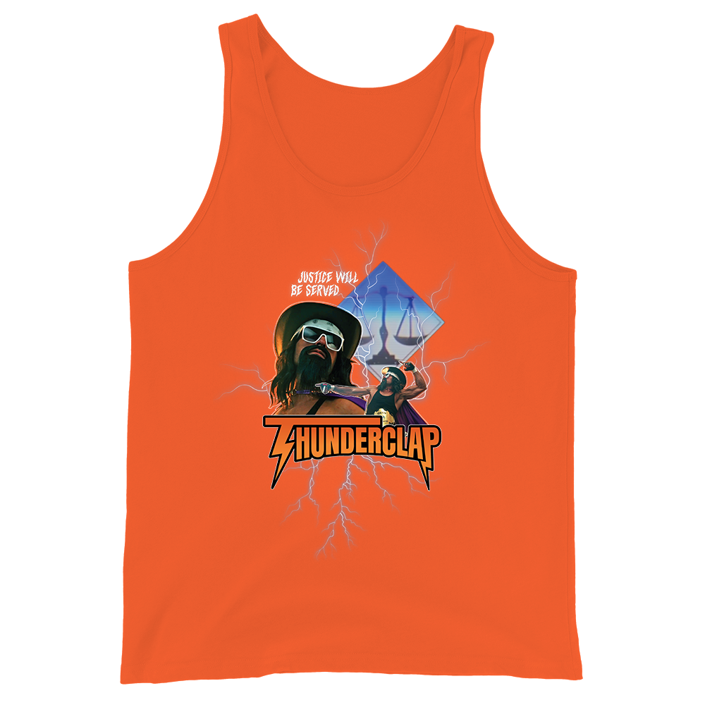 Orange tank top with graphic design and 'Thunderclap' text on a white background